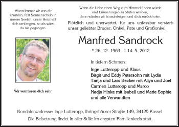 Todesanzeige von Manfred Sandrock von HNA