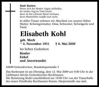 Todesanzeige von Elisabeth Kohl von HNA