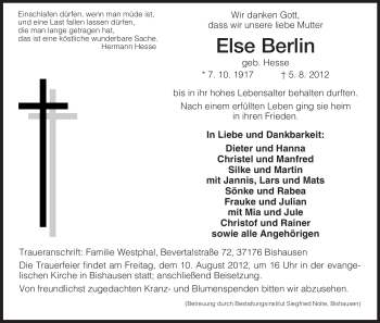 Todesanzeige von Else Berlin von HNA