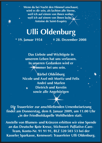 Todesanzeige von Ulli Oldenburg von HNA