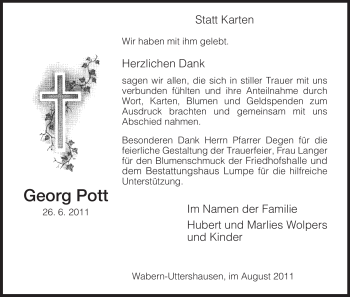 Todesanzeige von Georg Pott von HNA