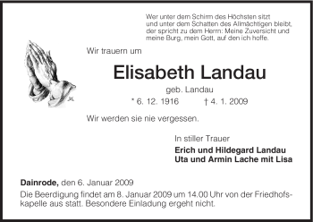 Todesanzeige von Elisabeth Landau von HNA