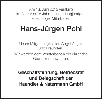 Todesanzeige von Hans-Jürgen Pohl von HNA