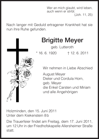 Todesanzeige von Brigitte Meyer von HNA