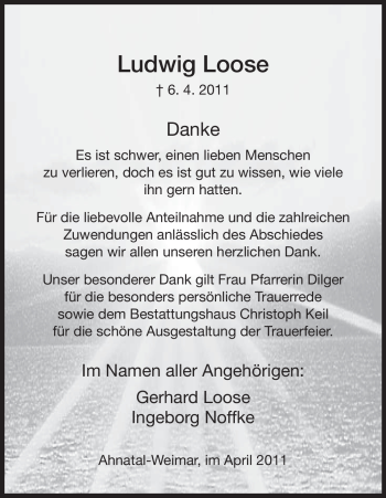 Todesanzeige von Ludwig Loose von HNA