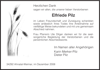 Todesanzeige von Elfriede Pilz von HNA