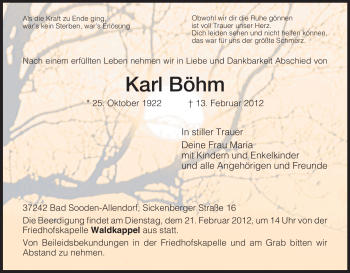 Todesanzeige von Karl Böhm von HNA