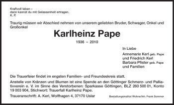 Todesanzeige von Karlheinz Pape von HNA
