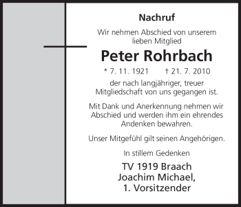 Todesanzeige von Peter Rohrbach von HNA