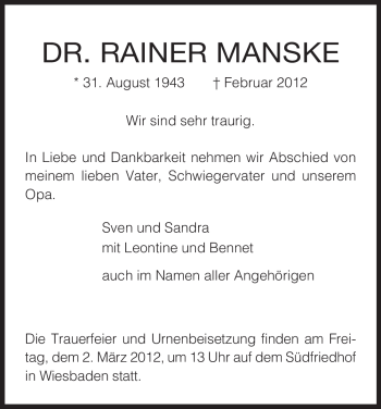 Todesanzeige von Rainer Manske von HNA