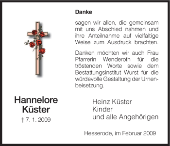 Todesanzeige von Hannelore Küster von HNA