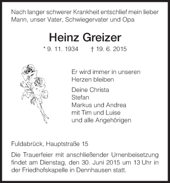 Todesanzeige von Heinz Greizer von HNA