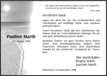 Todesanzeige von Pauline Marth von HNA