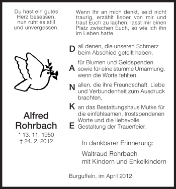 Todesanzeige von Alfred Rohrbach von HNA