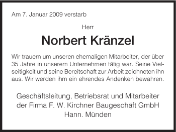 Todesanzeige von Norbert Kränzel von HNA