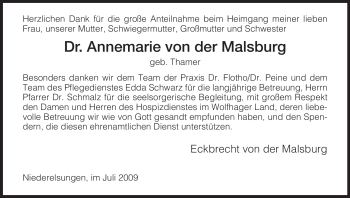 Todesanzeige von Annemarie von der Malsburg von HNA