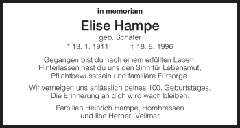 Todesanzeige von Elise Hampe von HNA