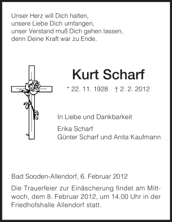 Todesanzeige von Kurt Scharf von HNA