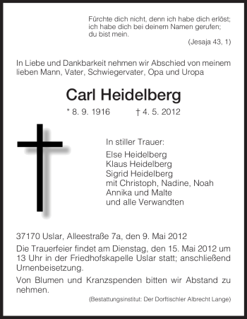 Todesanzeige von Carl Heidelberg von HNA