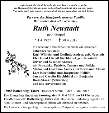 Todesanzeige von Ruth Neustadt von HNA