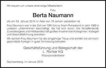 Todesanzeige von Berta Naumann von HNA