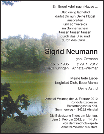 Todesanzeige von Sigrid Neumann von HNA