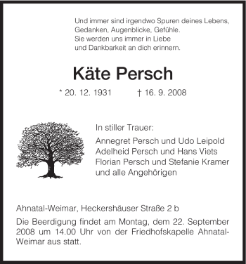 Todesanzeige von Käte Persch von HNA
