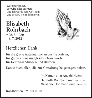 Todesanzeige von Elisabeth Rohrbach von HNA