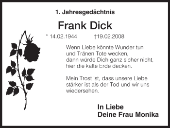 Todesanzeige von Frank Dick von HNA