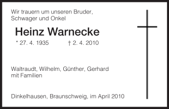 Todesanzeige von Heinz Warnecke von HNA