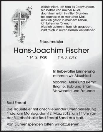 Todesanzeige von Hans-Joachim Fischer von HNA