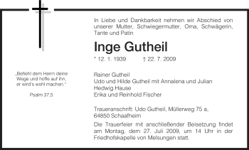 Todesanzeige von Inge Gutheil von HNA