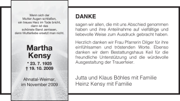 Todesanzeige von Martha Kensy von HNA