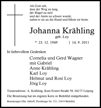 Todesanzeige von Johanna Krähling von HNA