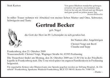 Todesanzeige von Gertrud Becker von HNA