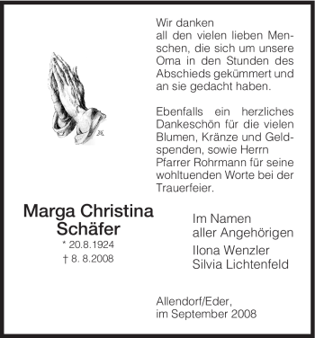 Todesanzeige von Marga Christina Schäfer von HNA