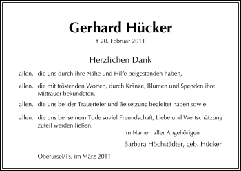 Todesanzeige von Gerhard Hücker von HNA