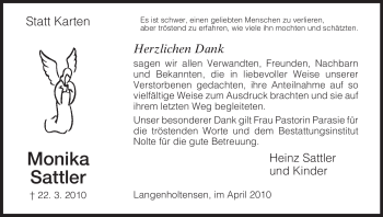 Todesanzeige von Monika Sattler von HNA