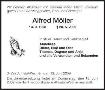 Todesanzeige von Alfred Möller von HNA