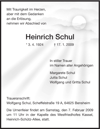 Todesanzeige von Heinrich Schul von HNA