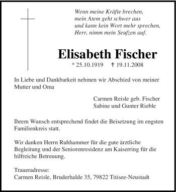 Todesanzeige von Elisabeth Fischer von HNA