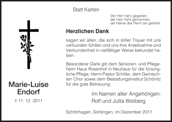 Todesanzeige von Marie-Luise Endorf von HNA