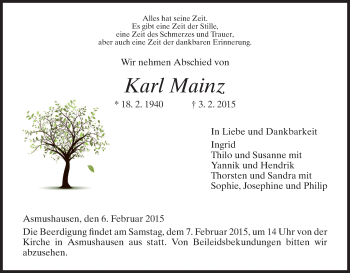 Todesanzeige von Karl Mainz von HNA