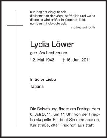 Todesanzeige von Lydia Löwer von HNA