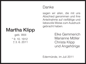 Todesanzeige von Martha Klipp von HNA