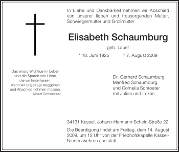 Todesanzeige von Elisabeth Schaumburg von HNA