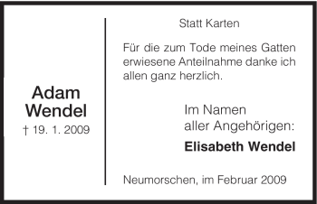Todesanzeige von Adam Wendel von HNA