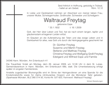 Todesanzeige von Waltraud Freytag von HNA