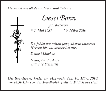 Todesanzeige von Liesel Bonn von HNA
