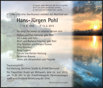 Todesanzeige von Hans-Jürgen Pohl von HNA